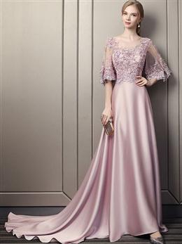 Picture of Pink Soft Satin Long Party Dresses with Lace Top, A-line Pink Evening Dresses Formal Dresses